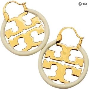 Tory Burch Gold and Cream Logo Hoop Earrings